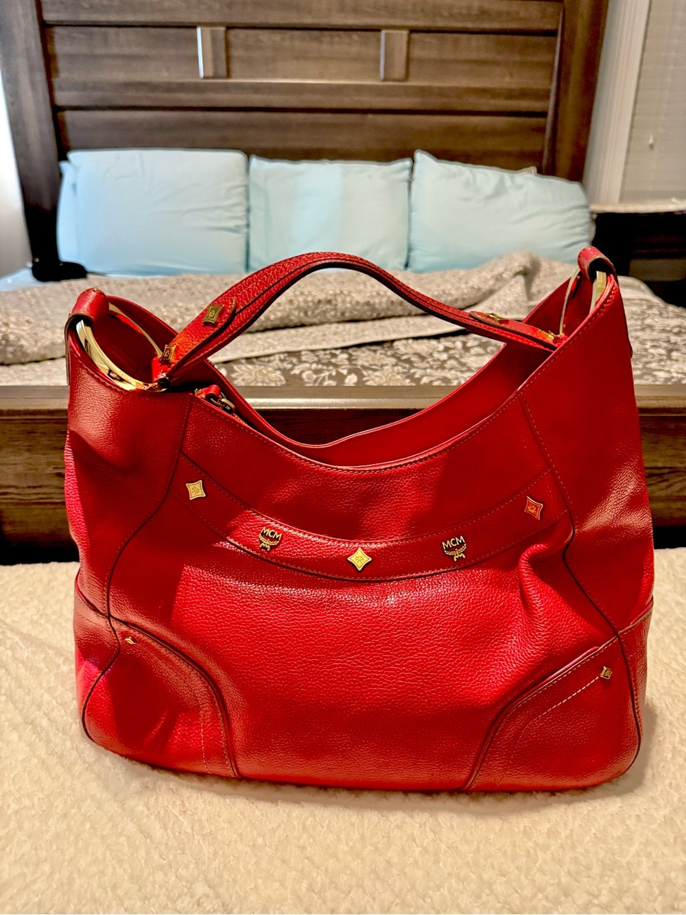 MCM Red Pebbled Leather Shoulder Bag with Gold Accents